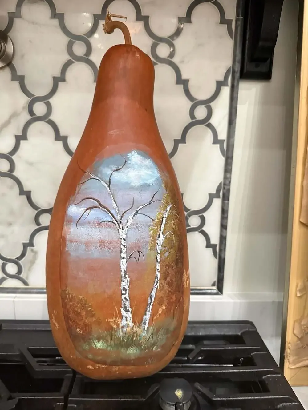 Hand Painted Birch Tree Folk Art Gourd Vase Signed JKo